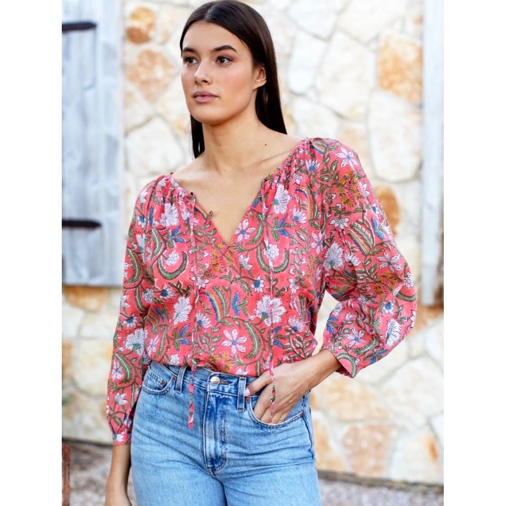 Emerson Fry India Collection Lucy Blouse Small Coral Organic Cotton Block Print